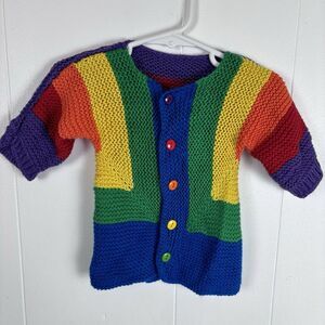 Hand Knit Baby Sweater Cardigan in Rainbow Colors‎ 1-6 Months Handmade Knit